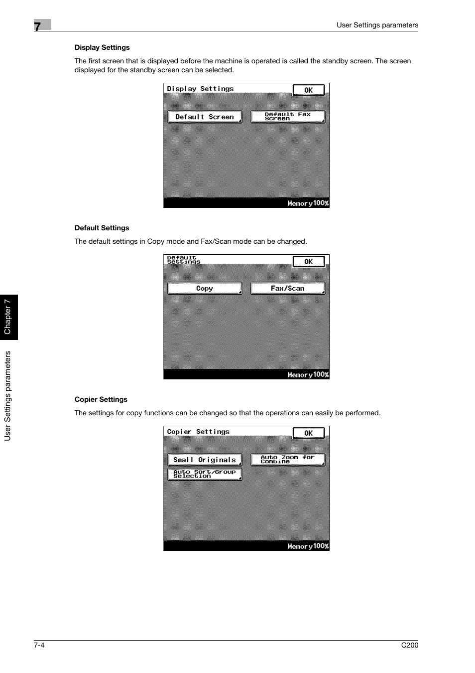 Display settings, Default settings, Copier settings | Konica Minolta bizhub C200 User Manual | Page 179 / 186