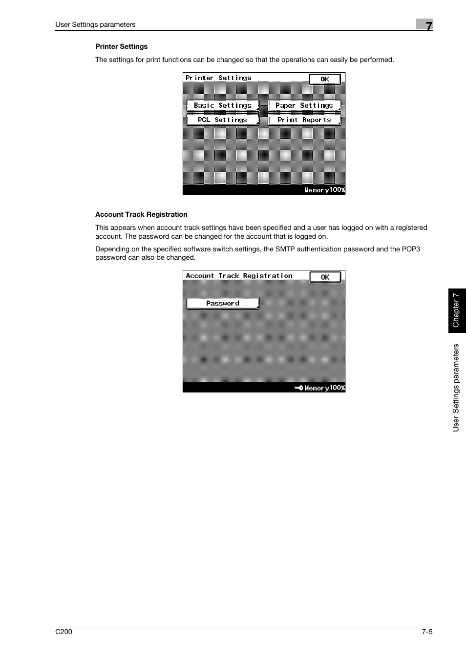 Printer settings, Account track registration | Konica Minolta bizhub C200 User Manual | Page 180 / 186