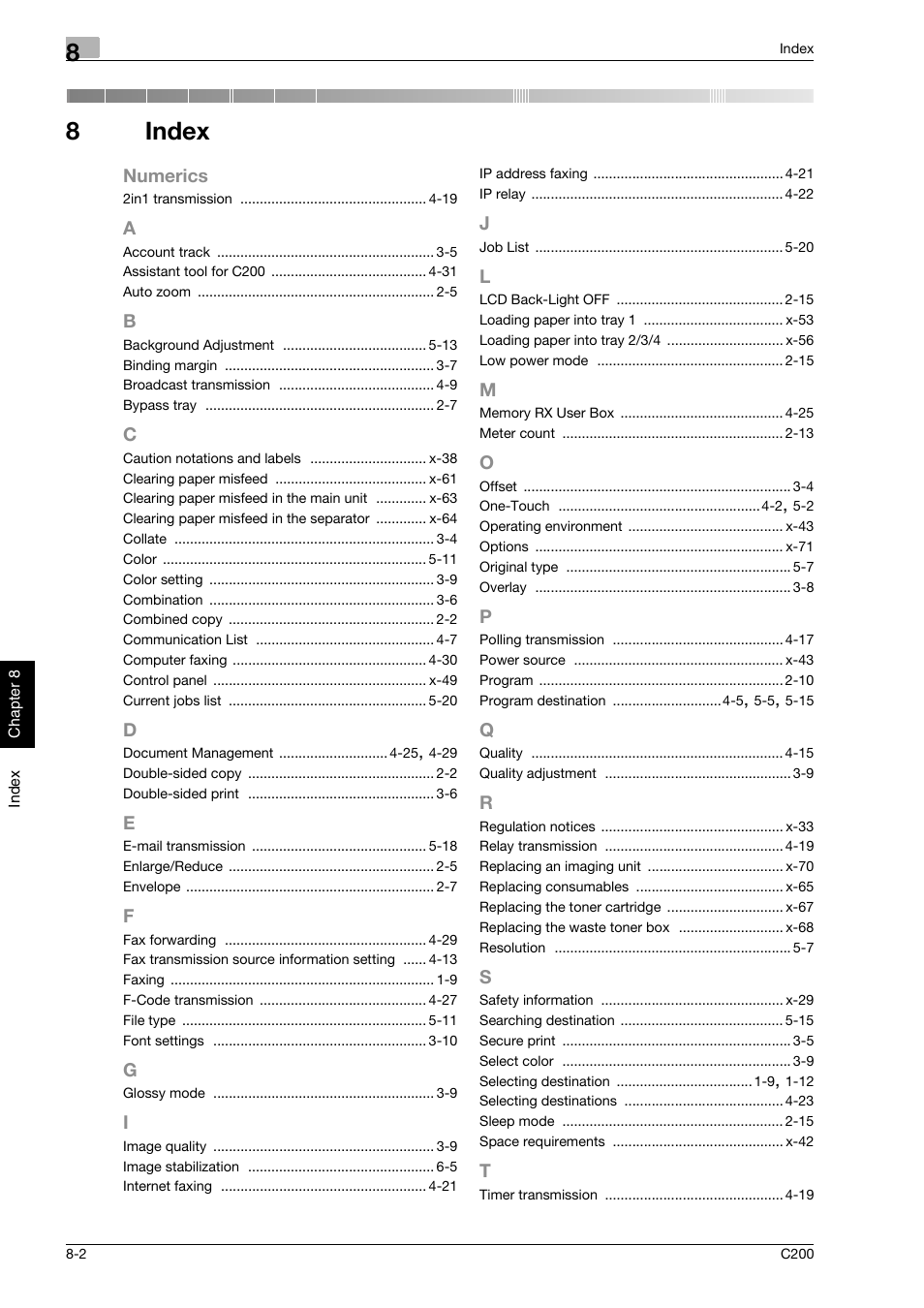 8 index, A to t, Index | 8index | Konica Minolta bizhub C200 User Manual | Page 183 / 186