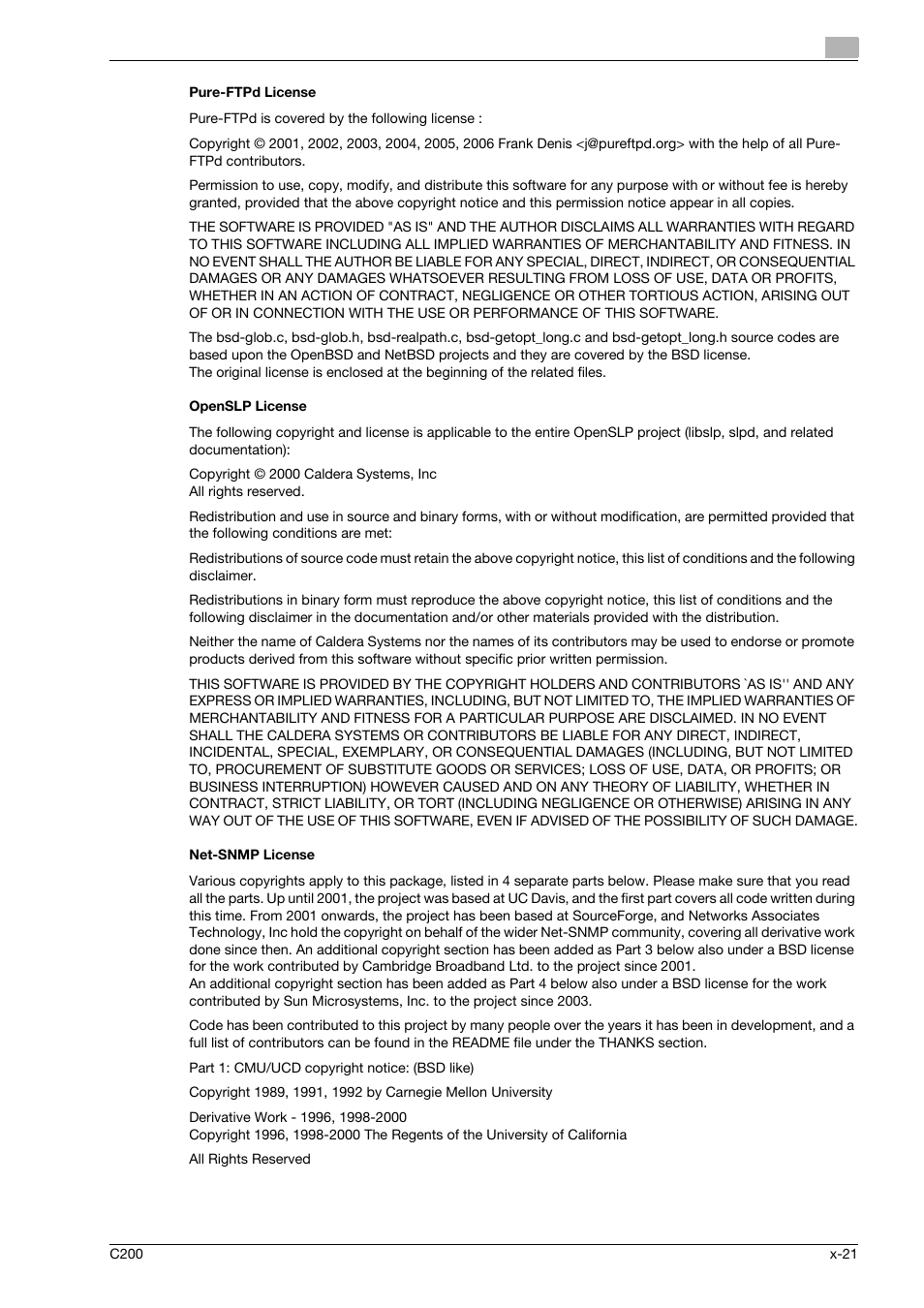 Pure-ftpd license, Openslp license, Net-snmp license | Konica Minolta bizhub C200 User Manual | Page 22 / 186