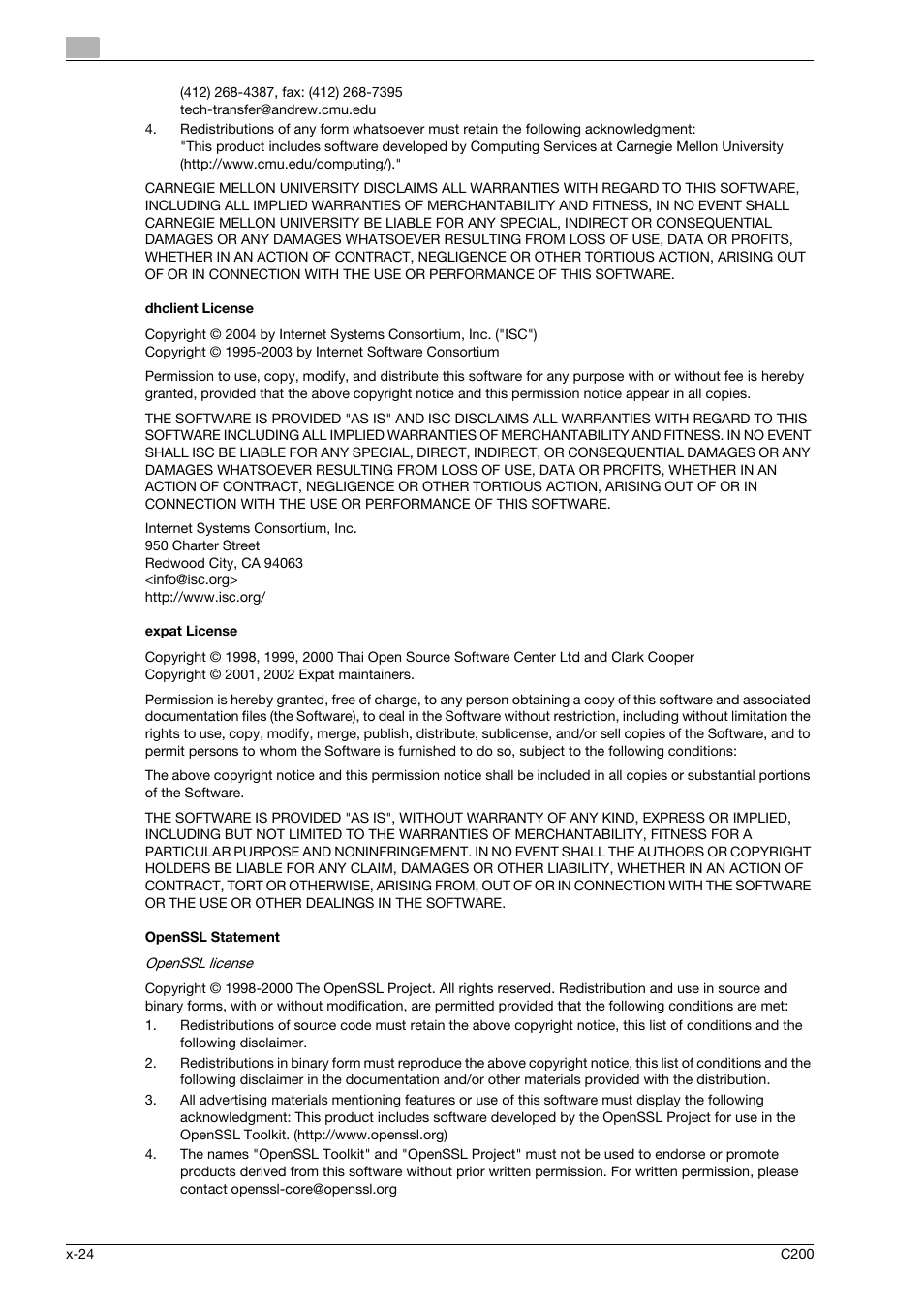 Dhclient license, Expat license, Openssl statement | Konica Minolta bizhub C200 User Manual | Page 25 / 186