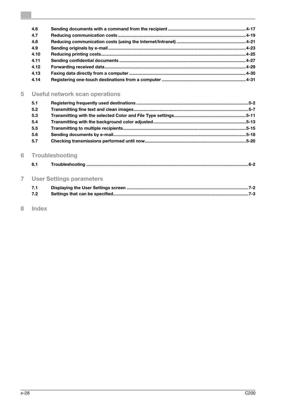 5useful network scan operations, 6troubleshooting, 7user settings parameters | 8index | Konica Minolta bizhub C200 User Manual | Page 29 / 186