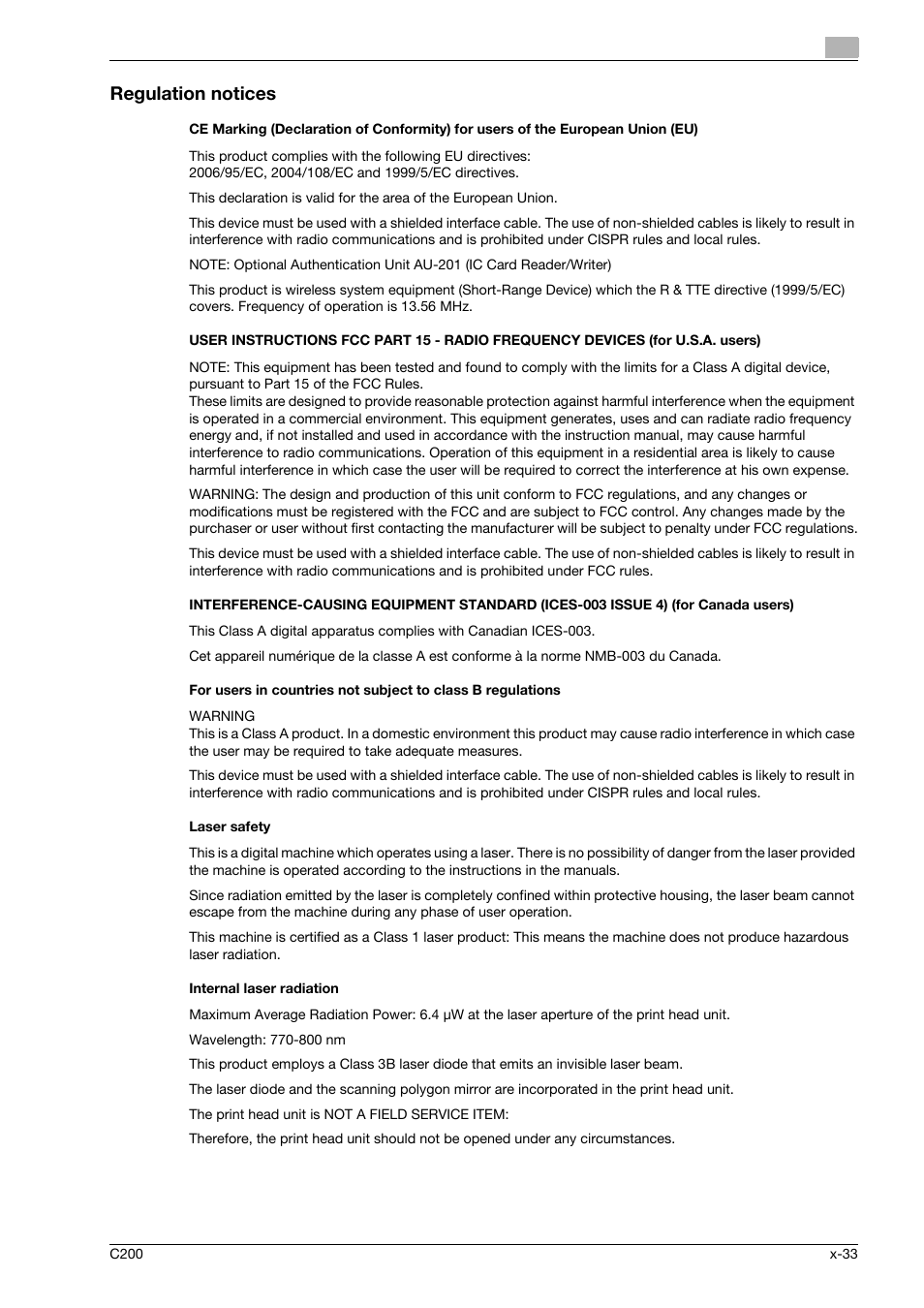 Regulation notices, Laser safety, Internal laser radiation | Konica Minolta bizhub C200 User Manual | Page 34 / 186