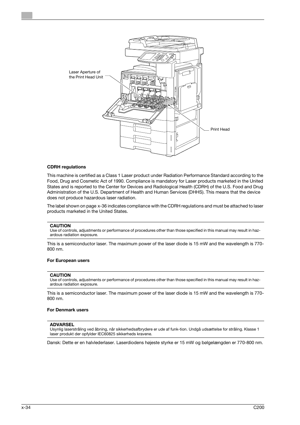 Cdrh regulations, For european users, For denmark users | Konica Minolta bizhub C200 User Manual | Page 35 / 186