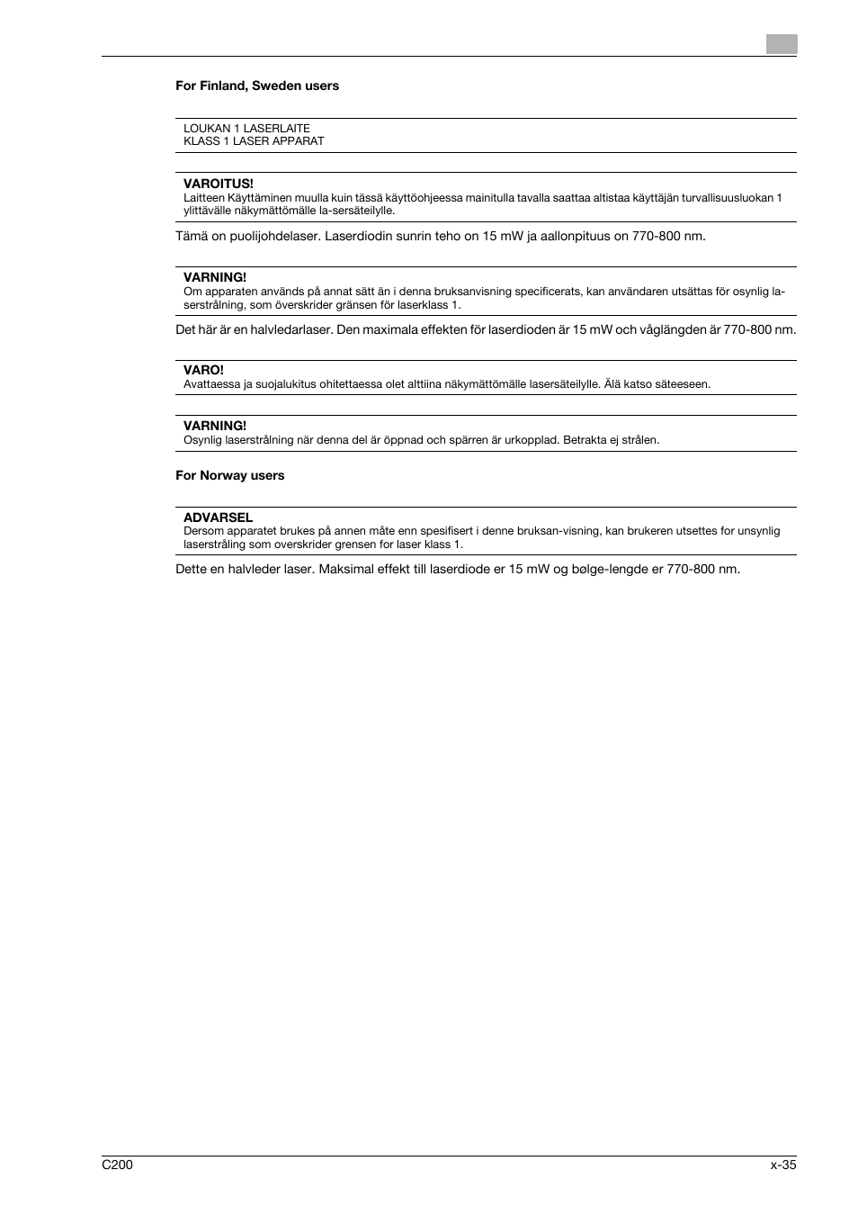 For finland, sweden users, For norway users | Konica Minolta bizhub C200 User Manual | Page 36 / 186