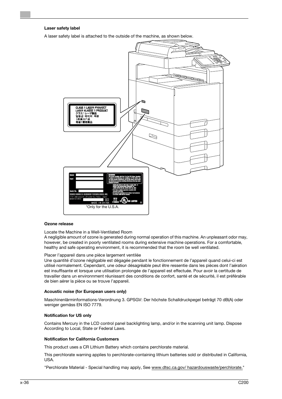 Laser safety label, Ozone release, Acoustic noise (for european users only) | Notification for us only, Notification for california customers | Konica Minolta bizhub C200 User Manual | Page 37 / 186