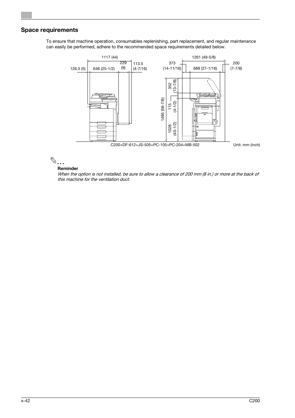 Space requirements | Konica Minolta bizhub C200 User Manual | Page 43 / 186