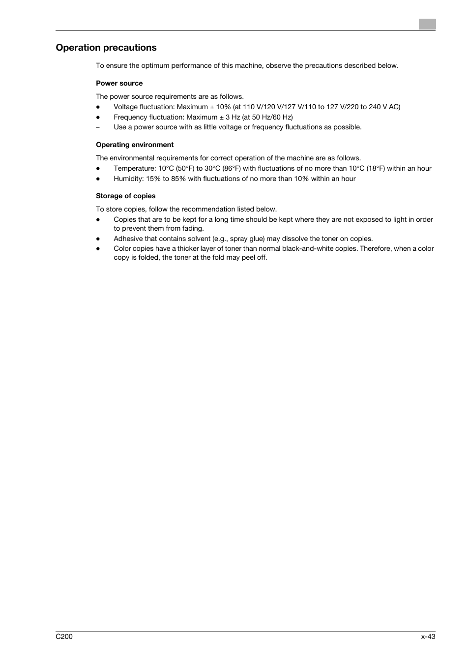 Operation precautions, Power source, Operating environment | Storage of copies | Konica Minolta bizhub C200 User Manual | Page 44 / 186