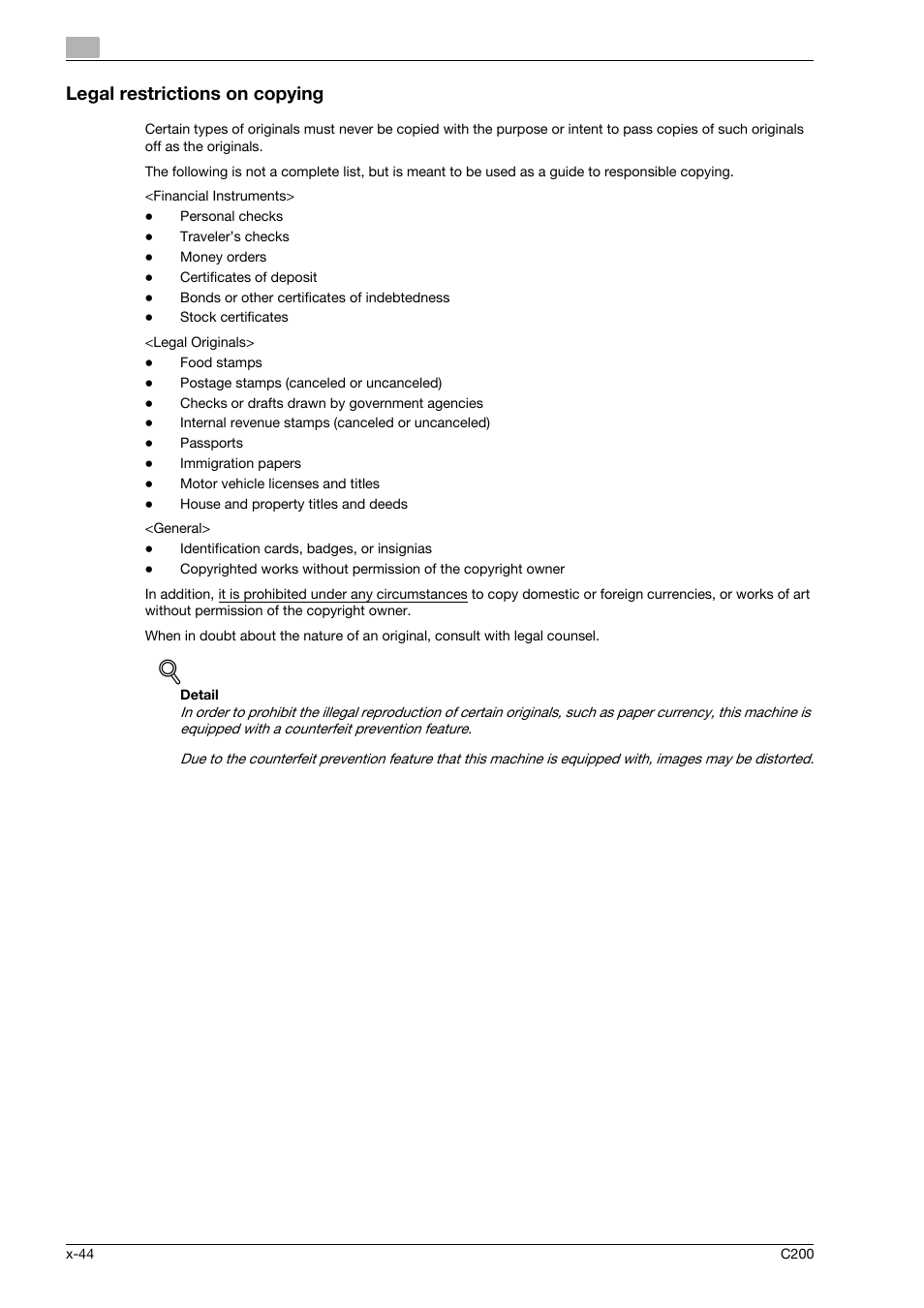 Legal restrictions on copying | Konica Minolta bizhub C200 User Manual | Page 45 / 186