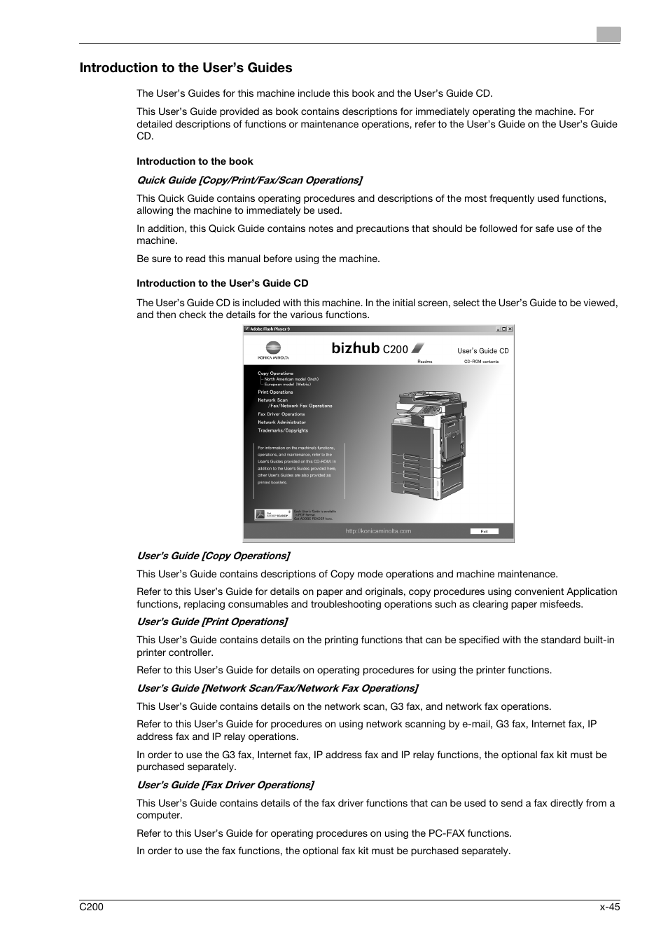 Introduction to the user’s guides, Introduction to the book, Introduction to the user’s guide cd | Konica Minolta bizhub C200 User Manual | Page 46 / 186