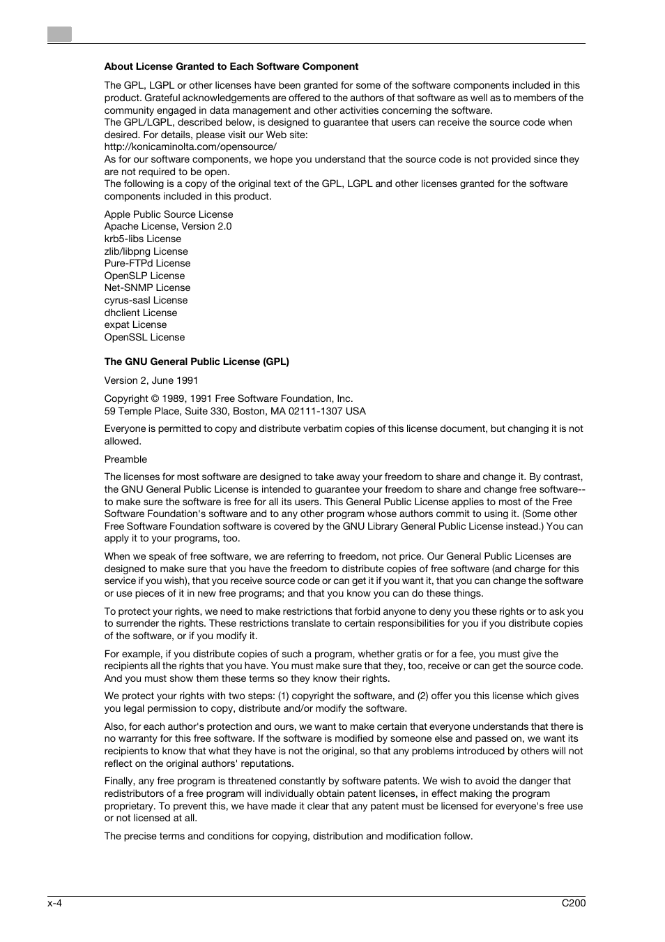 About license granted to each software component, The gnu general public license (gpl) | Konica Minolta bizhub C200 User Manual | Page 5 / 186