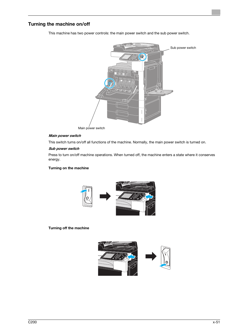 Turning the machine on/off, Turning on the machine, Turning off the machine | Konica Minolta bizhub C200 User Manual | Page 52 / 186