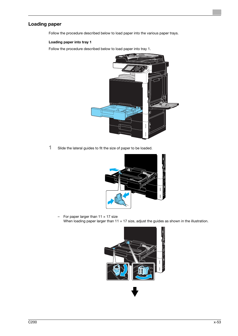 Loading paper, Loading paper into tray 1 | Konica Minolta bizhub C200 User Manual | Page 54 / 186