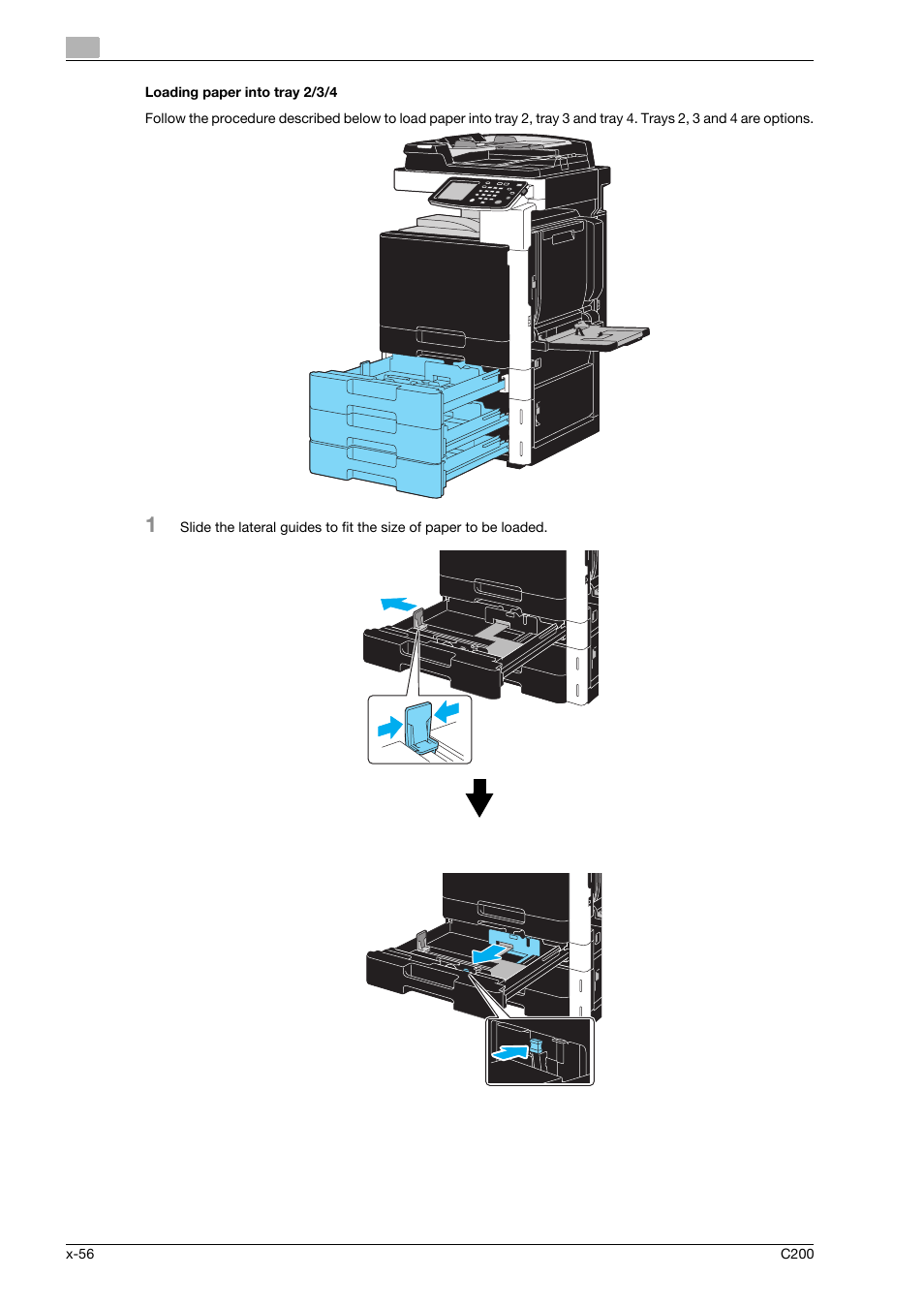 Loading paper into tray 2/3/4 | Konica Minolta bizhub C200 User Manual | Page 57 / 186