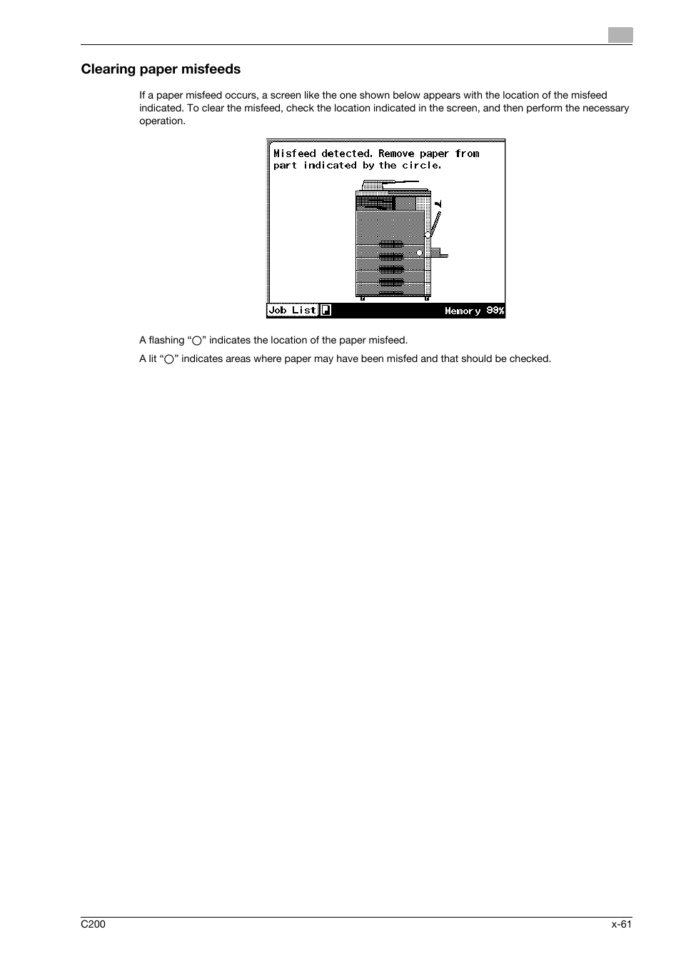 Clearing paper misfeeds | Konica Minolta bizhub C200 User Manual | Page 62 / 186