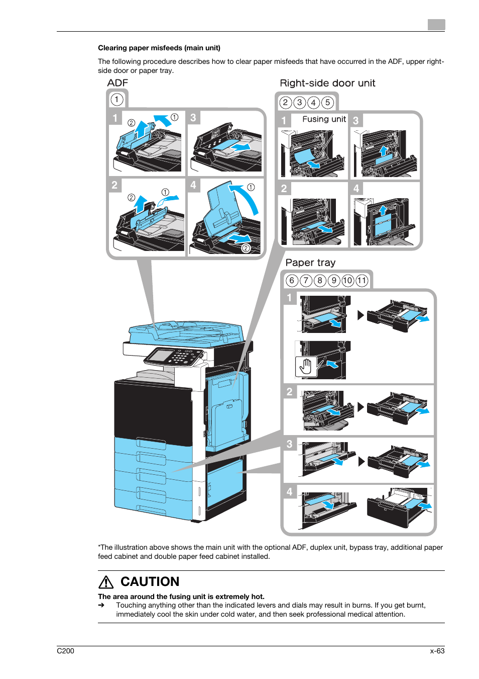 Clearing paper misfeeds (main unit), 7 caution | Konica Minolta bizhub C200 User Manual | Page 64 / 186