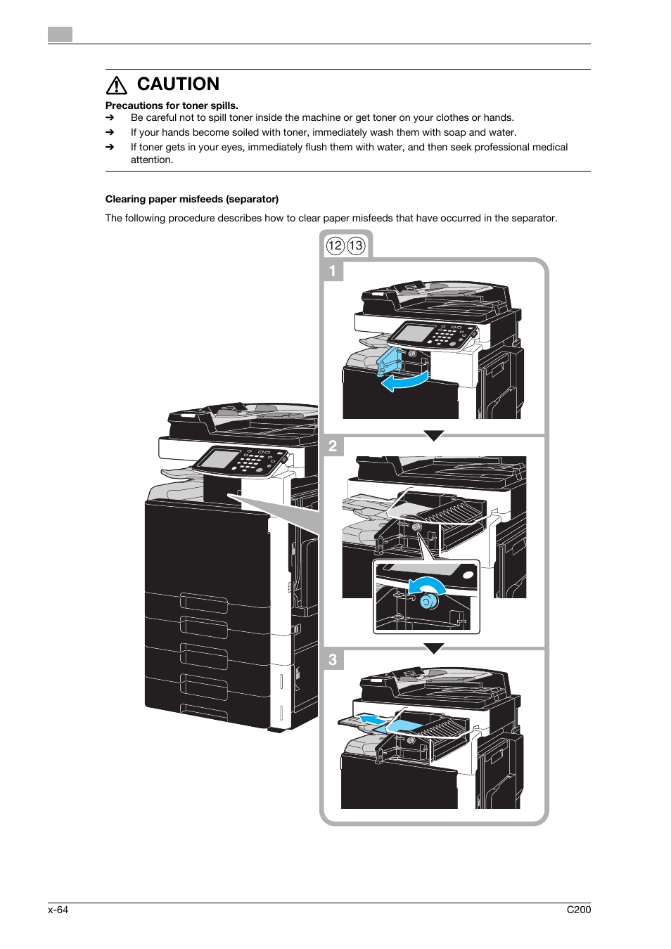 Clearing paper misfeeds (separator), 7 caution | Konica Minolta bizhub C200 User Manual | Page 65 / 186