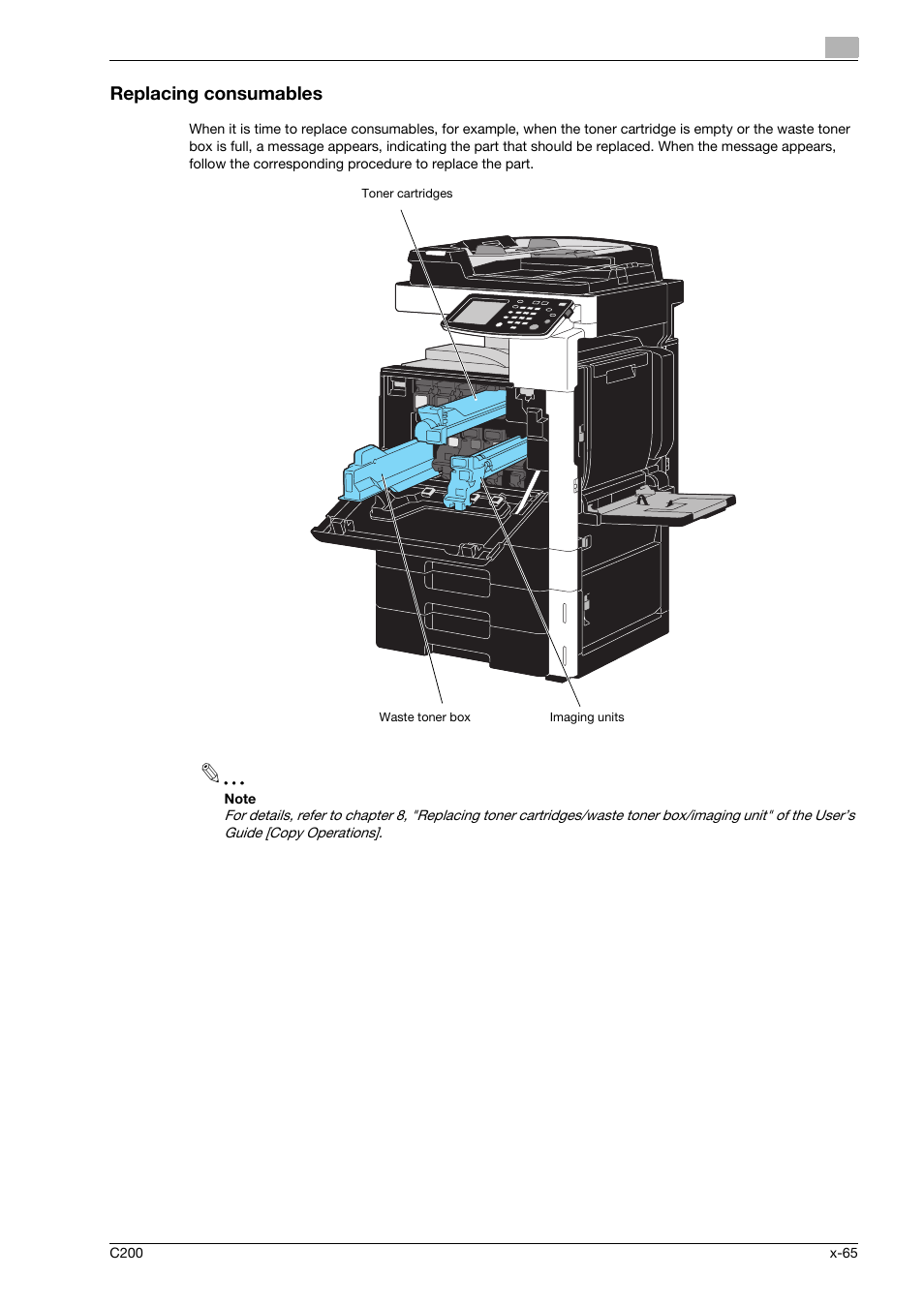 Replacing consumables | Konica Minolta bizhub C200 User Manual | Page 66 / 186