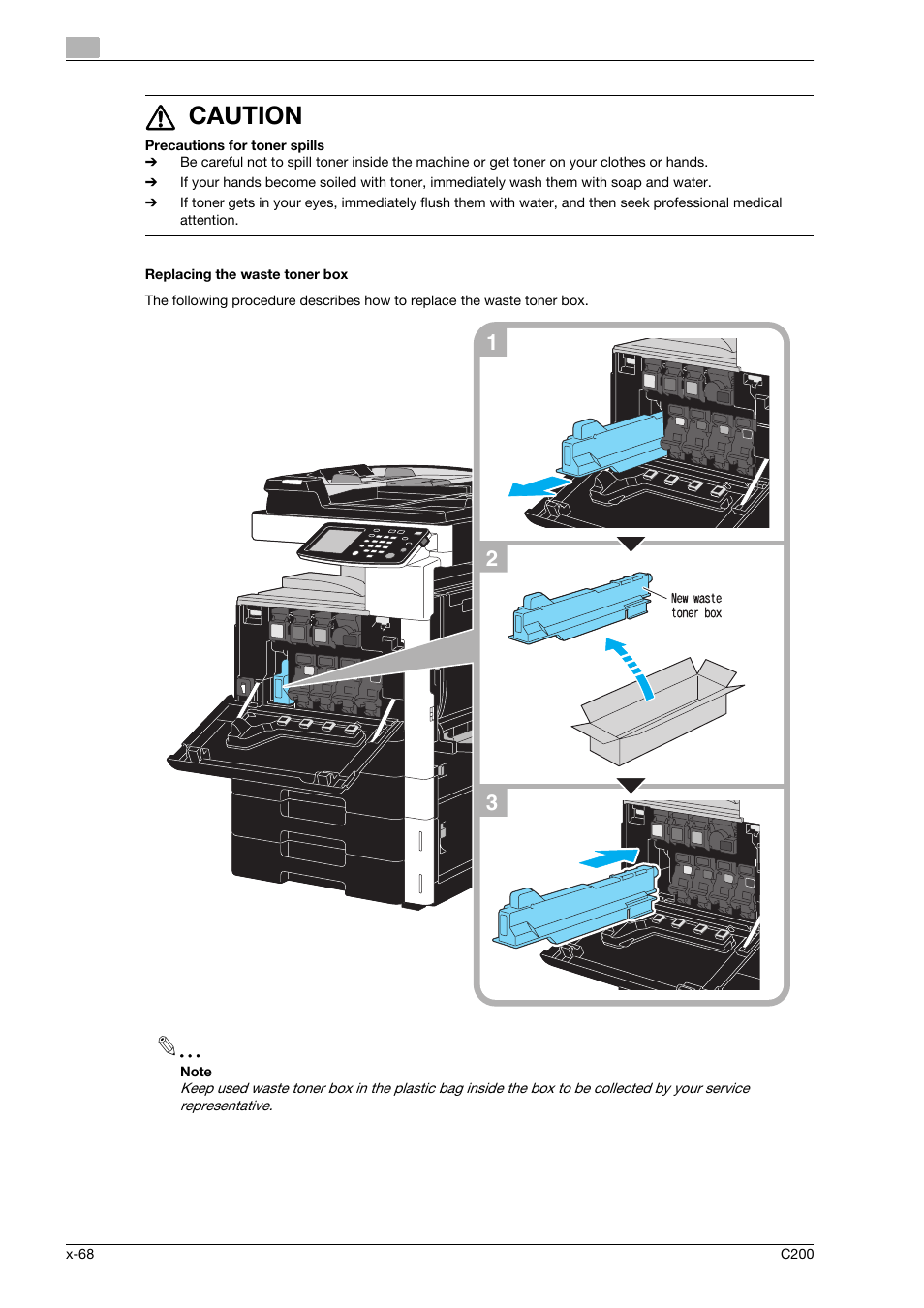 Replacing the waste toner box, 7 caution | Konica Minolta bizhub C200 User Manual | Page 69 / 186