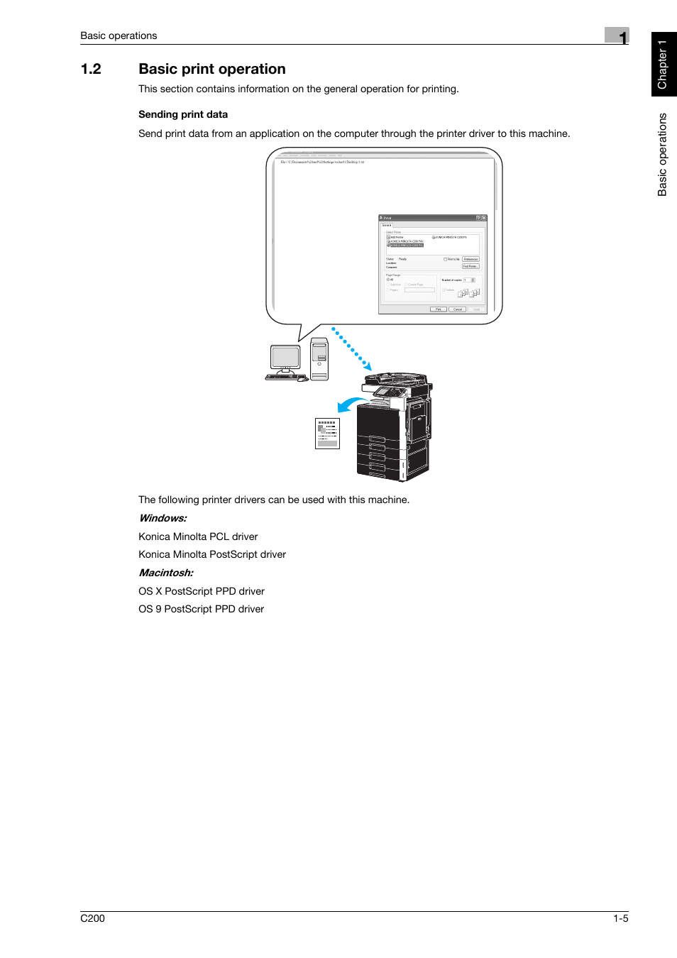 2 basic print operation, Sending print data, Basic print operation -5 | Konica Minolta bizhub C200 User Manual | Page 78 / 186