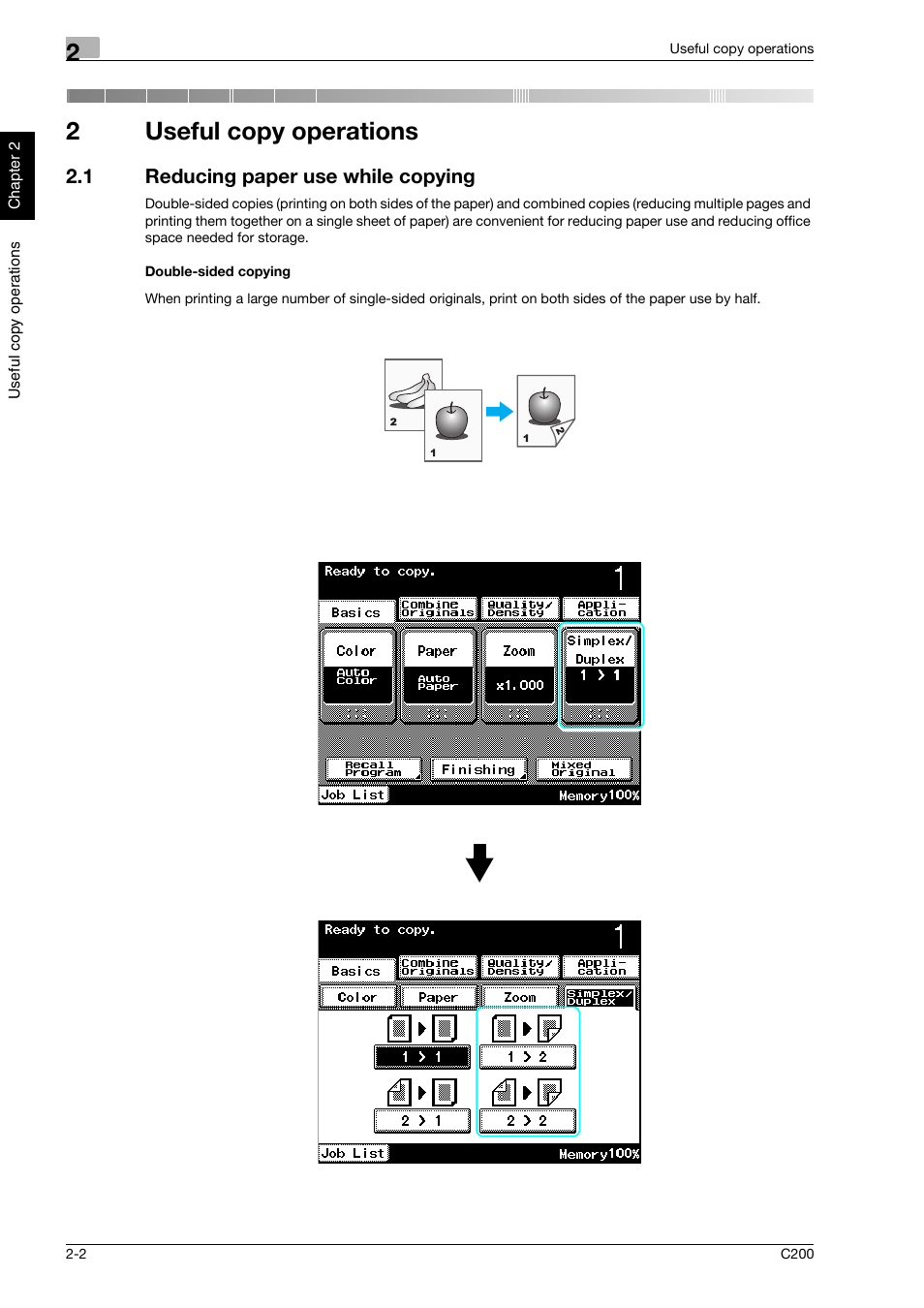 2 useful copy operations, 1 reducing paper use while copying, Double-sided copying | Useful copy operations, Reducing paper use while copying -2, 2useful copy operations | Konica Minolta bizhub C200 User Manual | Page 91 / 186