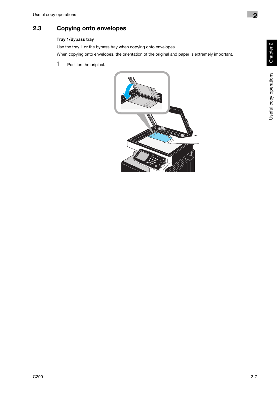 3 copying onto envelopes, Tray 1/bypass tray, Copying onto envelopes -7 | Konica Minolta bizhub C200 User Manual | Page 96 / 186
