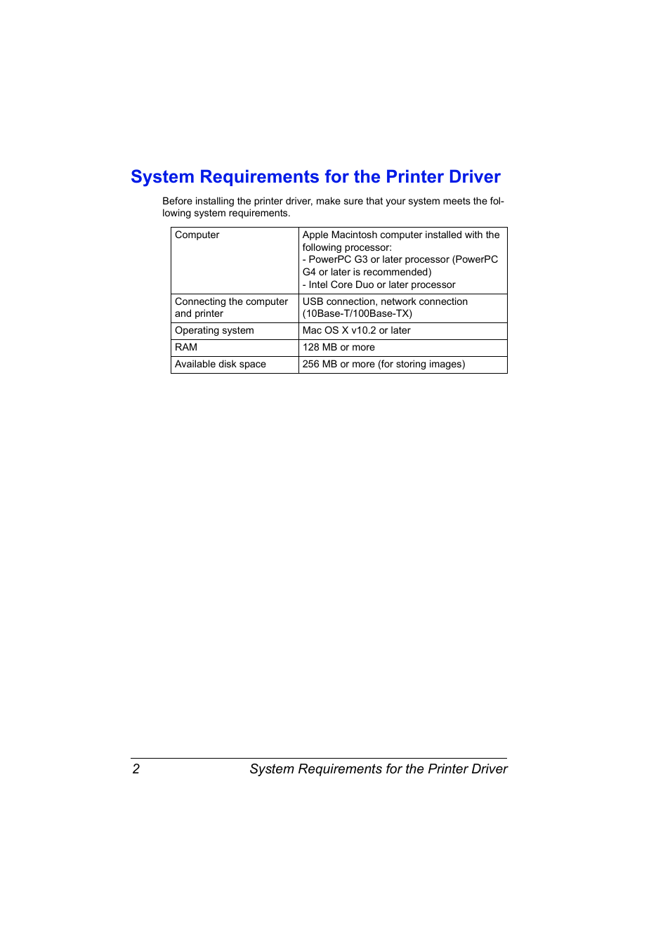 System requirements for the printer driver, System requirements for the printer driver 2 | Konica Minolta magicolor 2530 User Manual | Page 10 / 144