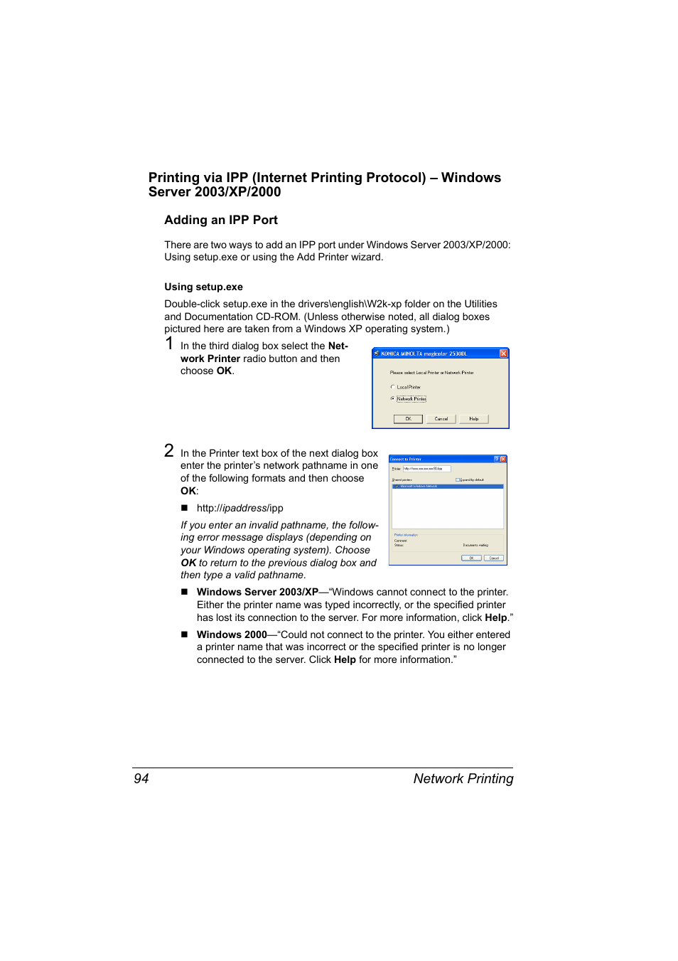 Adding an ipp port, Adding an ipp port 94 | Konica Minolta magicolor 2530 User Manual | Page 102 / 144