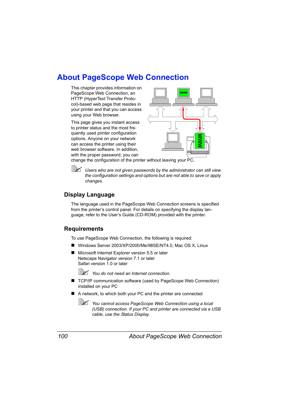Display language, Requirements, Display language 100 requirements 100 | About pagescope web connection | Konica Minolta magicolor 2530 User Manual | Page 108 / 144