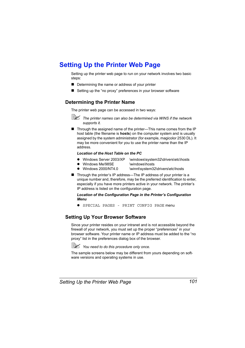 Determining the printer name, Setting up your browser software, Determining the printer name 101 | Setting up your browser software 101, Setting up the printer web page | Konica Minolta magicolor 2530 User Manual | Page 109 / 144