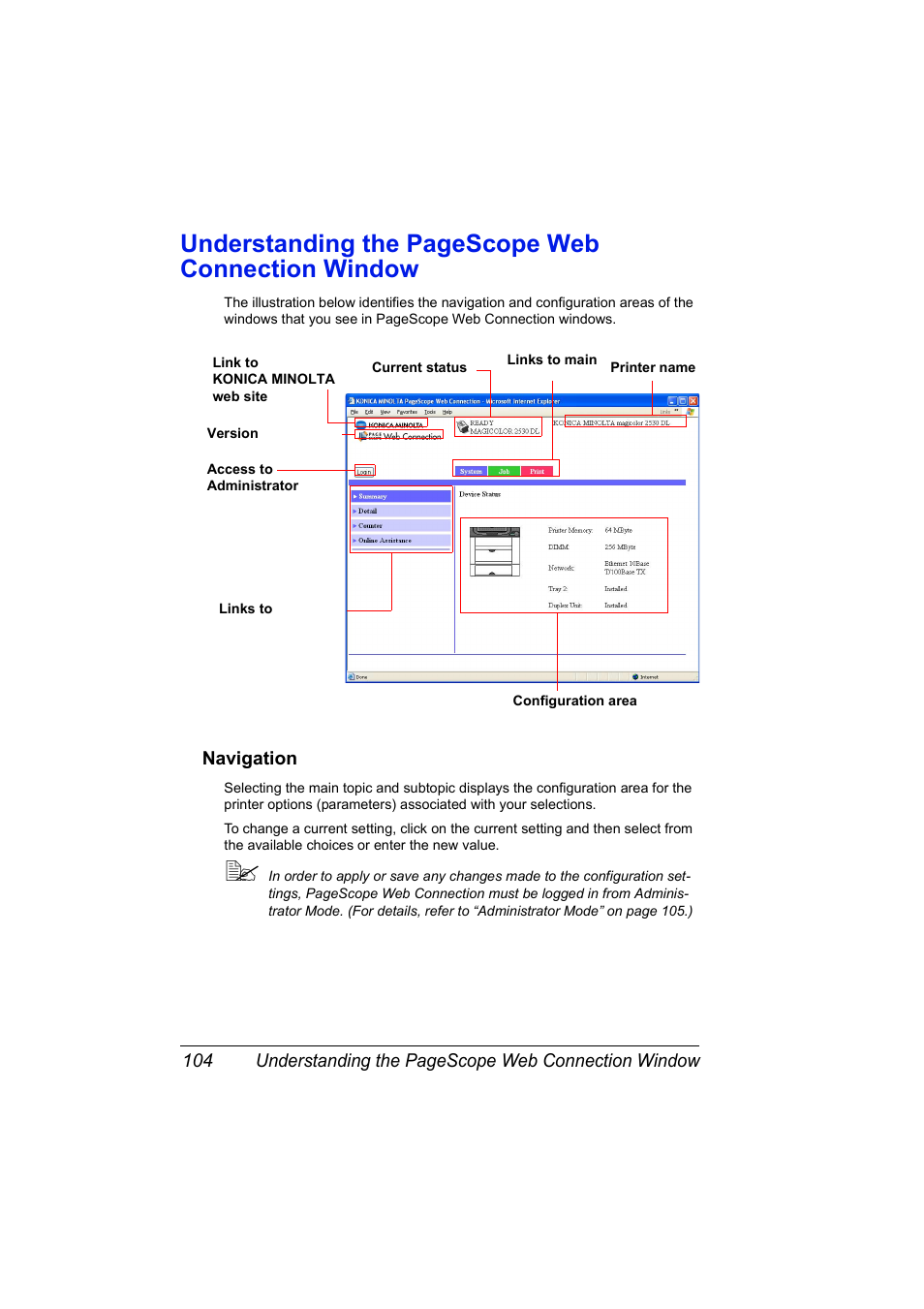 Navigation, Navigation 104, Understanding the pagescope web connection window | Konica Minolta magicolor 2530 User Manual | Page 112 / 144