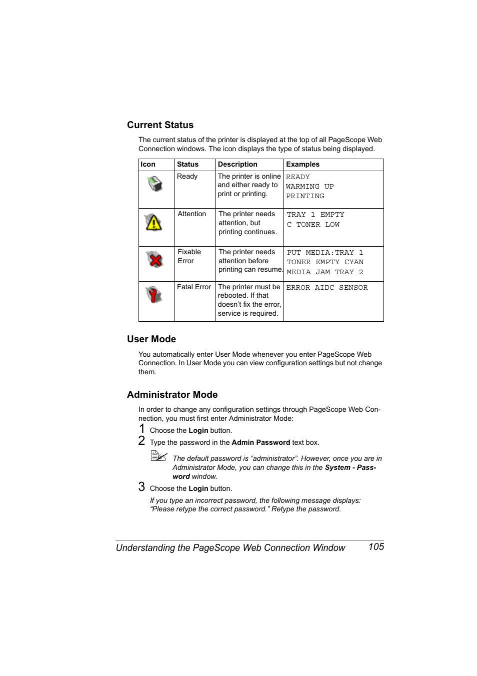 Current status, User mode, Administrator mode | Konica Minolta magicolor 2530 User Manual | Page 113 / 144