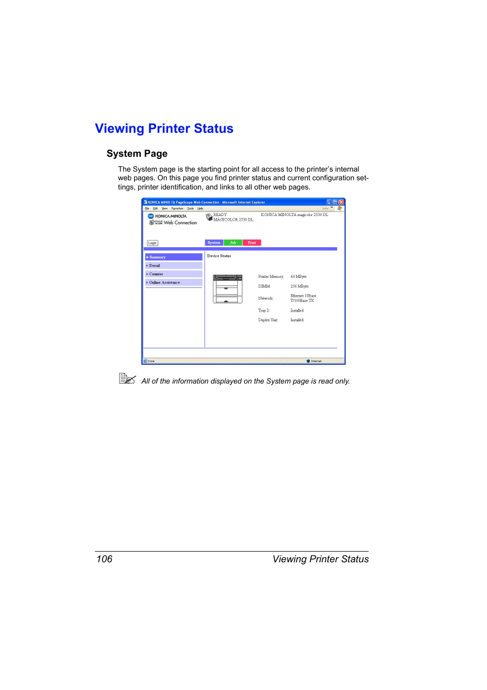 Viewing printer status, Viewing printer status 106 | Konica Minolta magicolor 2530 User Manual | Page 114 / 144