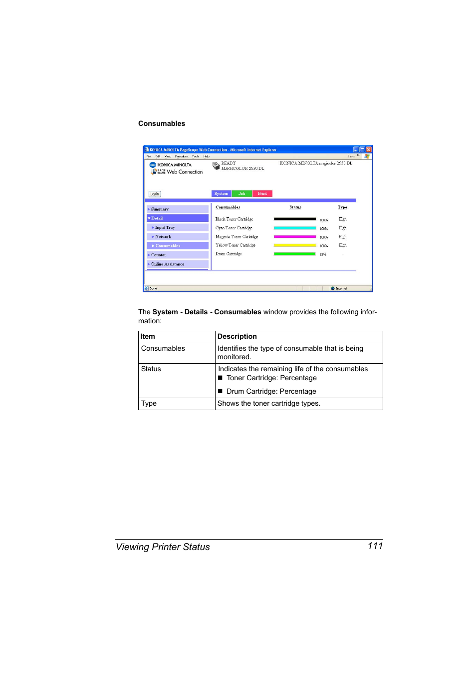 Viewing printer status 111 | Konica Minolta magicolor 2530 User Manual | Page 119 / 144