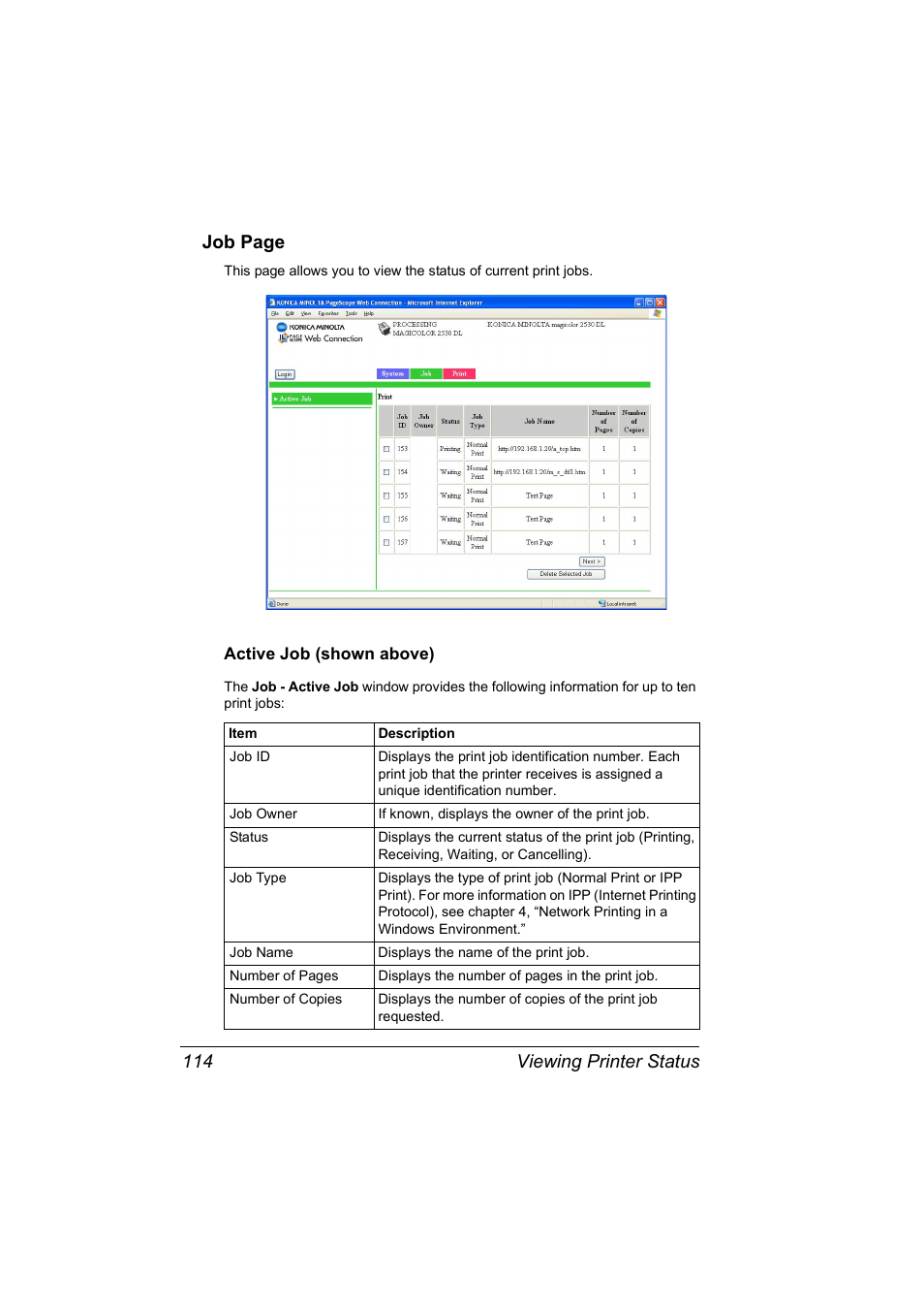 Active job (shown above), Active job (shown above) 114, Viewing printer status 114 job page | Konica Minolta magicolor 2530 User Manual | Page 122 / 144