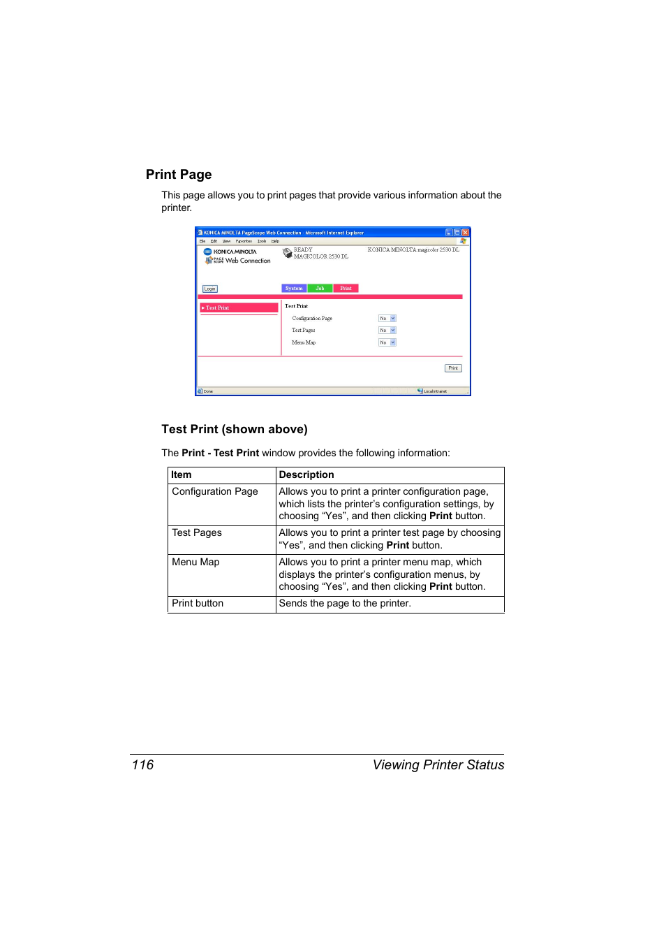 Test print (shown above), Test print (shown above) 116, Viewing printer status 116 print page | Konica Minolta magicolor 2530 User Manual | Page 124 / 144