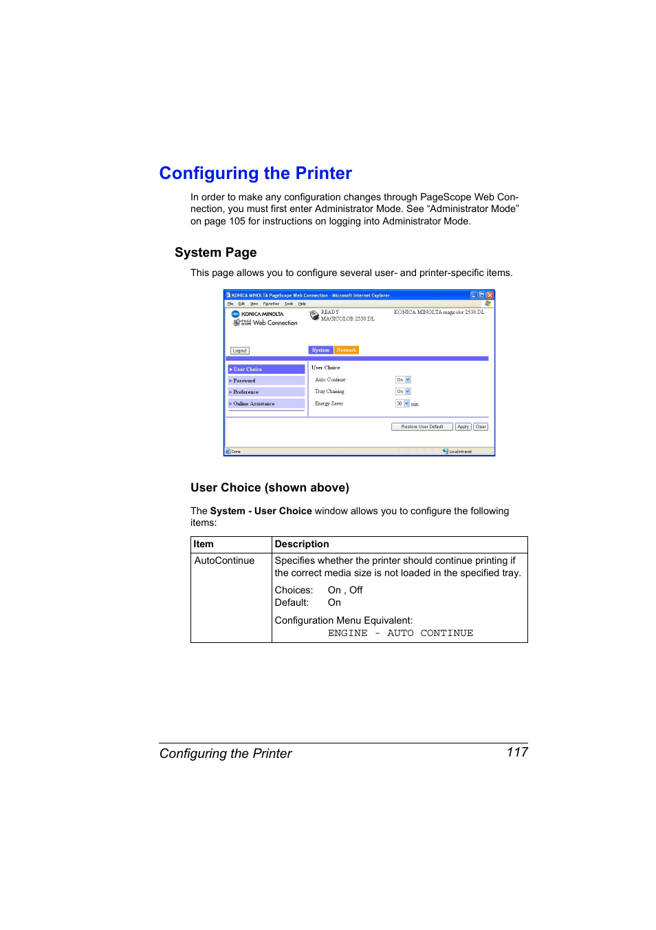 Configuring the printer, User choice (shown above), Configuring the printer 117 | User choice (shown above) 117 | Konica Minolta magicolor 2530 User Manual | Page 125 / 144