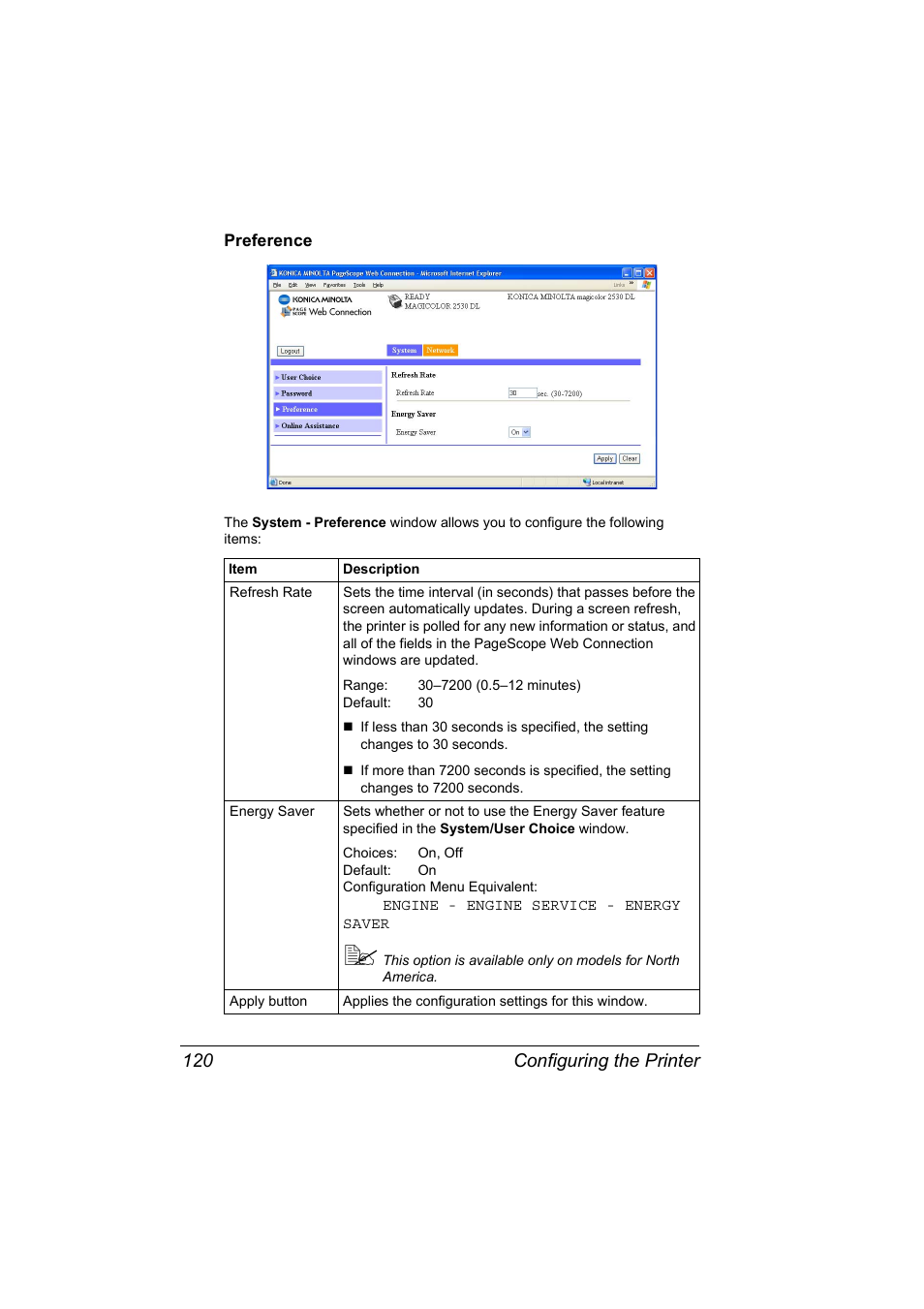 Preference, Preference 120, Configuring the printer 120 | Konica Minolta magicolor 2530 User Manual | Page 128 / 144