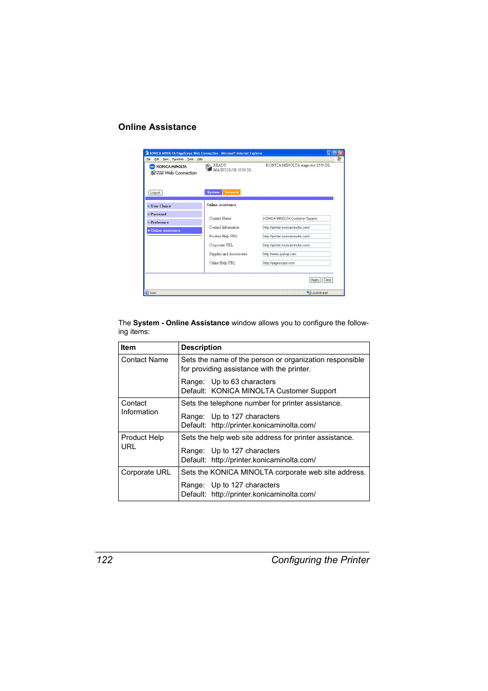 Online assistance, Online assistance 122, Configuring the printer 122 | Konica Minolta magicolor 2530 User Manual | Page 130 / 144