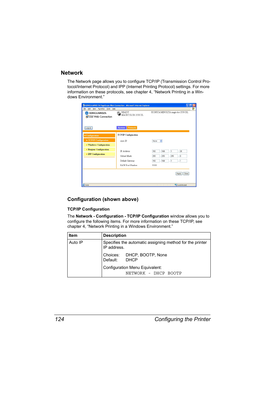 Network, Configuration (shown above), Network 124 | Configuration (shown above) 124, Configuring the printer 124 network | Konica Minolta magicolor 2530 User Manual | Page 132 / 144