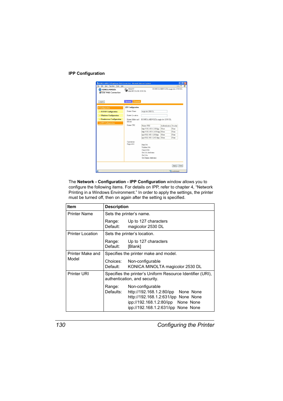 Configuring the printer 130 | Konica Minolta magicolor 2530 User Manual | Page 138 / 144