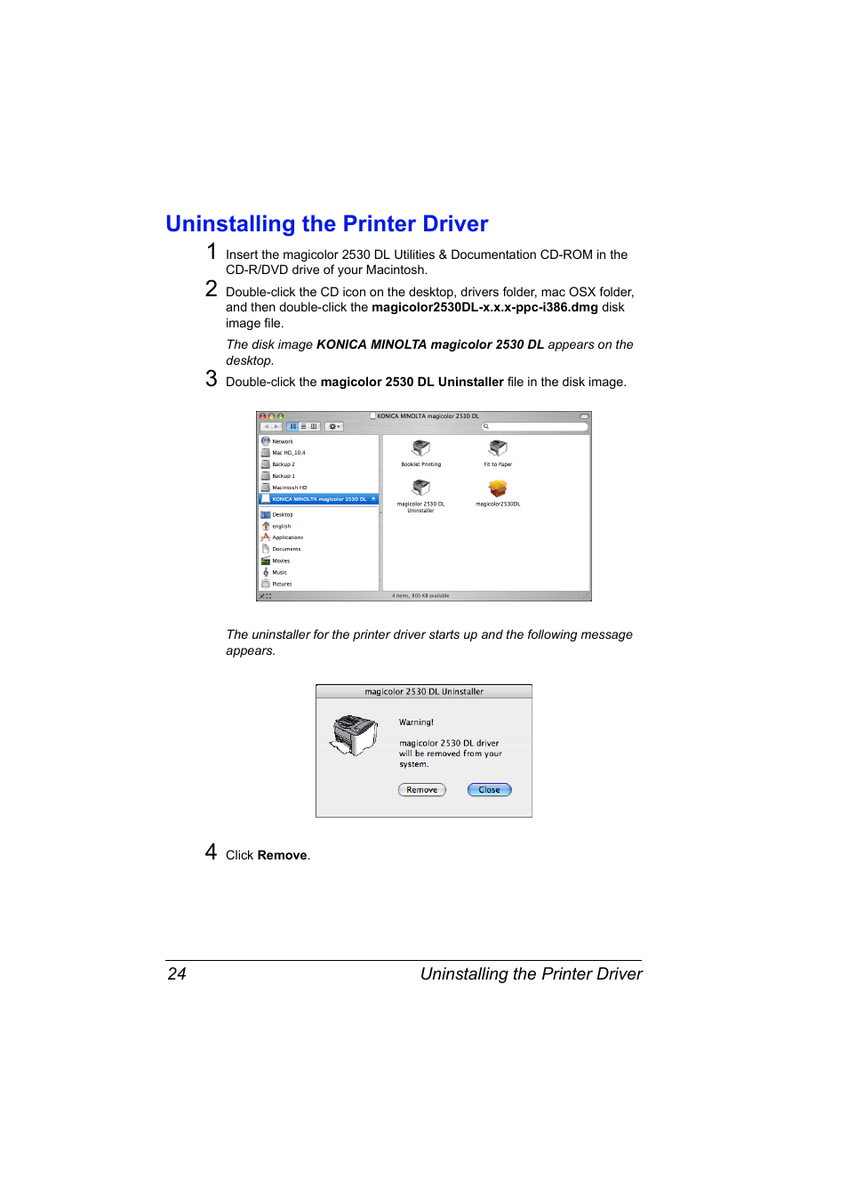 Uninstalling the printer driver, Uninstalling the printer driver 24, Uninstalling the printer driver 1 | Konica Minolta magicolor 2530 User Manual | Page 32 / 144