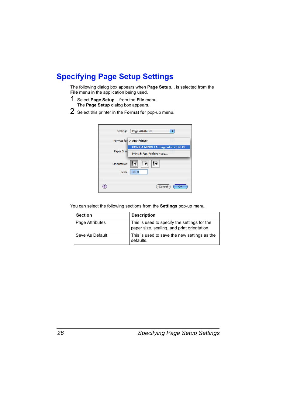 Specifying page setup settings | Konica Minolta magicolor 2530 User Manual | Page 34 / 144