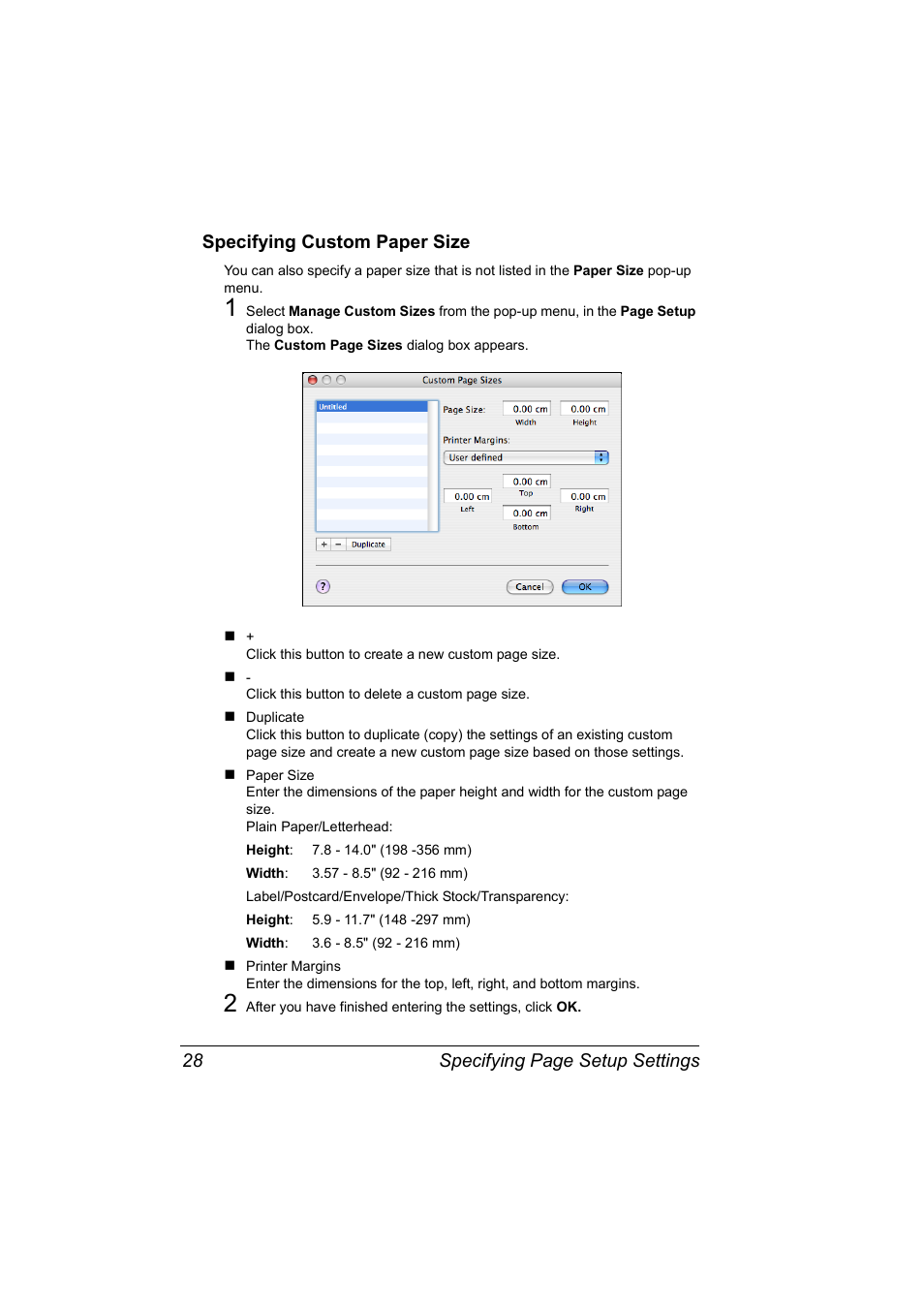 Specifying custom paper size, Specifying custom paper size 28 | Konica Minolta magicolor 2530 User Manual | Page 36 / 144