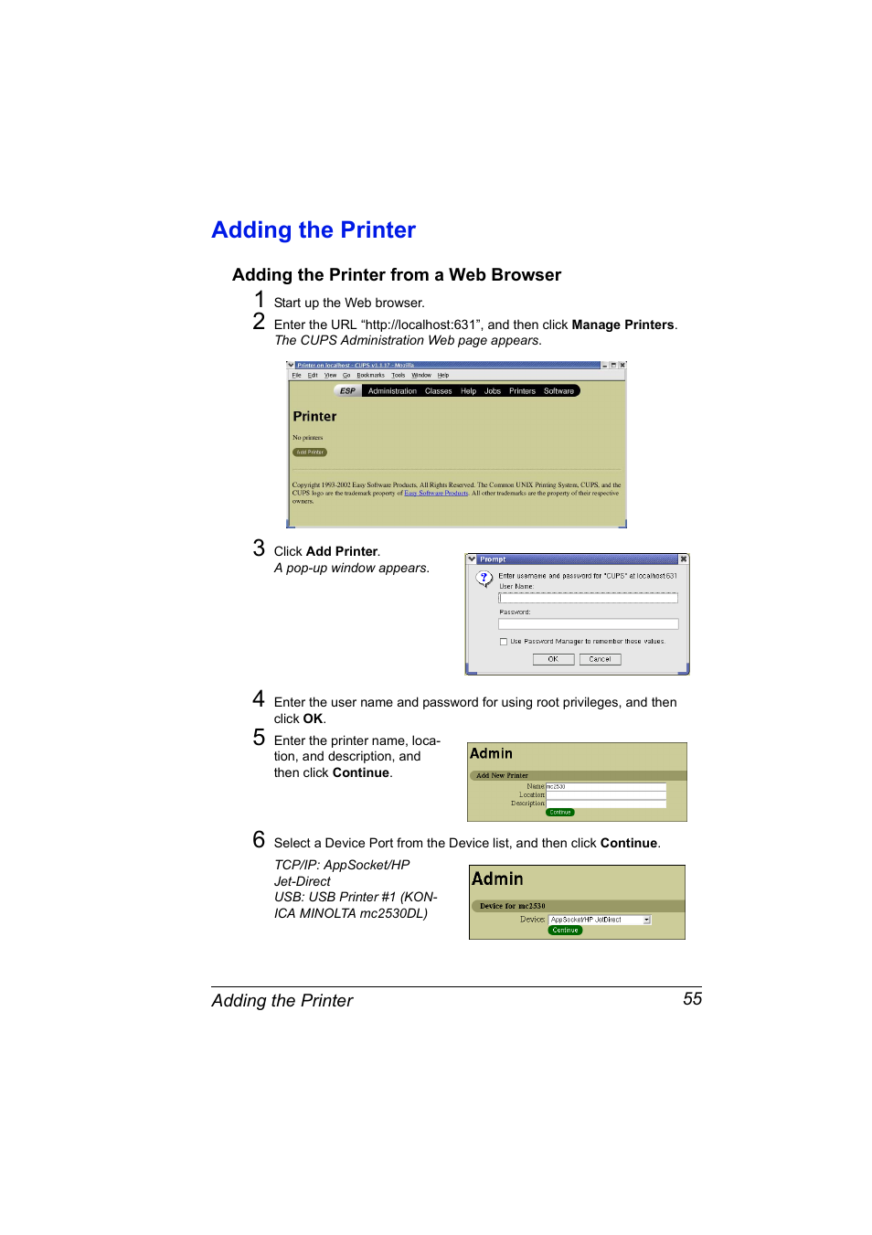 Adding the printer, Adding the printer from a web browser, Adding the printer 55 | Adding the printer from a web browser 55 | Konica Minolta magicolor 2530 User Manual | Page 63 / 144