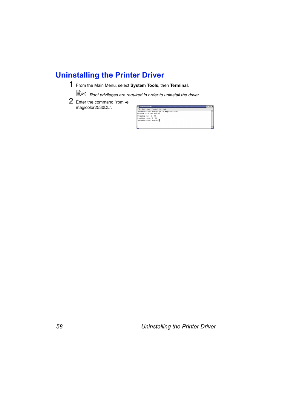 Uninstalling the printer driver, Uninstalling the printer driver 58, Uninstalling the printer driver 1 | Konica Minolta magicolor 2530 User Manual | Page 66 / 144