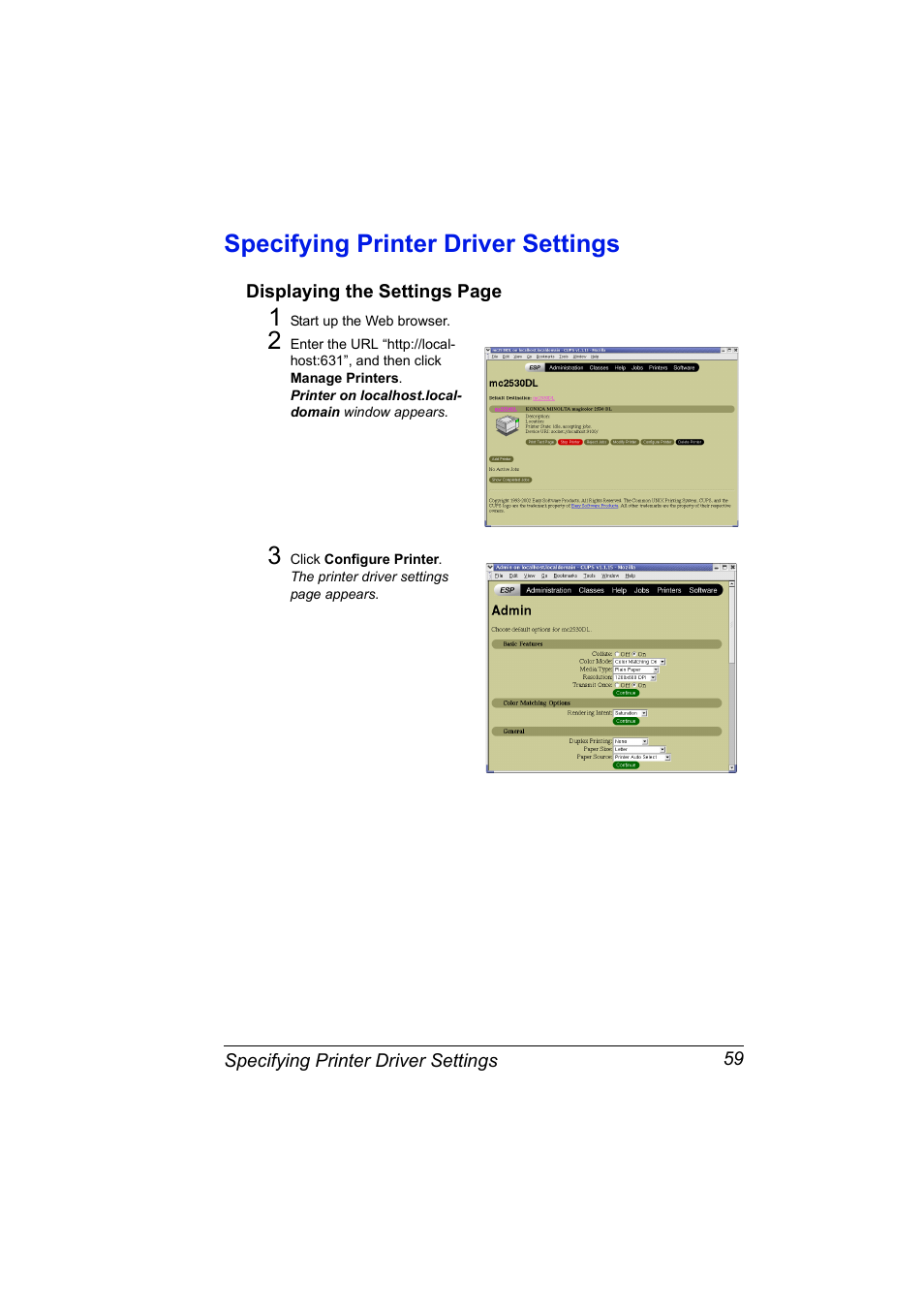 Specifying printer driver settings, Specifying printer driver settings 59 | Konica Minolta magicolor 2530 User Manual | Page 67 / 144