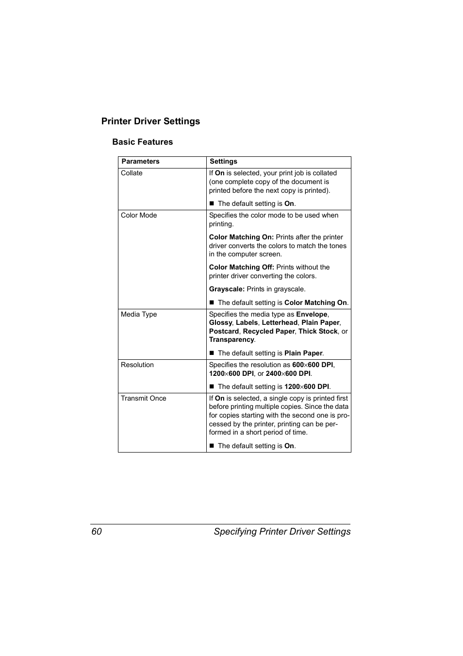 Printer driver settings, Basic features, Printer driver settings 60 | Basic features 60 | Konica Minolta magicolor 2530 User Manual | Page 68 / 144