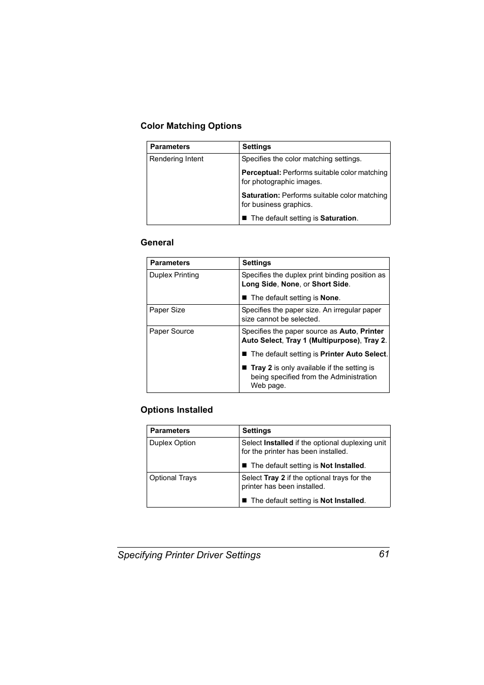 Color matching options, General, Options installed | Specifying printer driver settings 61 | Konica Minolta magicolor 2530 User Manual | Page 69 / 144