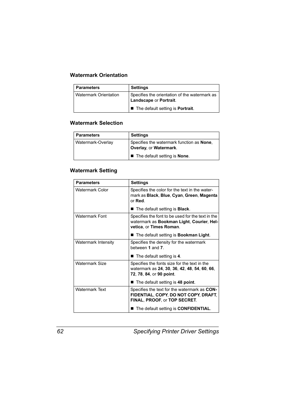 Watermark orientation, Watermark selection, Watermark setting | Specifying printer driver settings 62 | Konica Minolta magicolor 2530 User Manual | Page 70 / 144